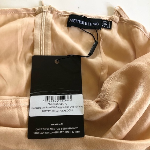 PrettyLittleThing Champagne Satin Cowl Ruched Side Strappy Bodycon Dress Sz 4 - Picture 8 of 16